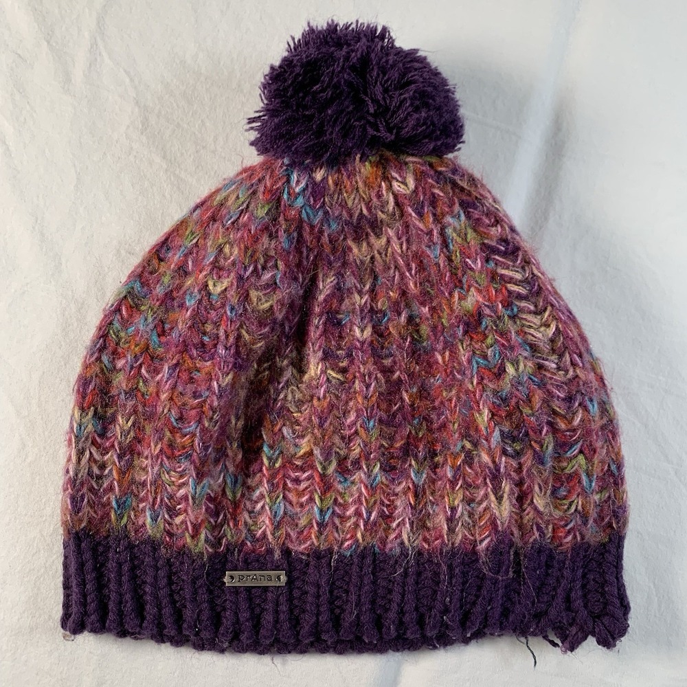 prAna Women's Frosty Beanie Chunky Knit‎ Hat with Pom Pom Pink Purple